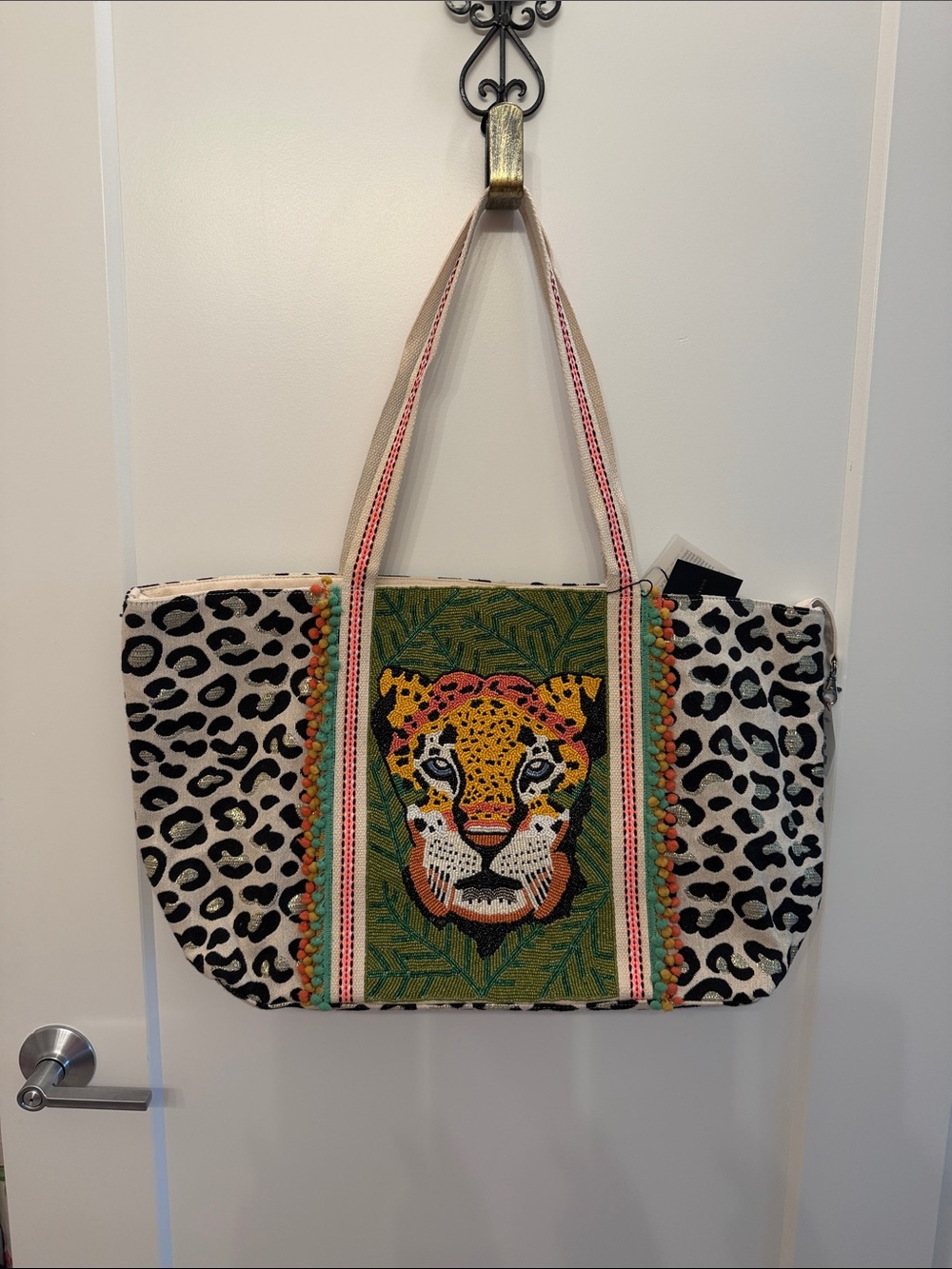 NWT- Embroidered Leopard Canvas Tote in Green and Black